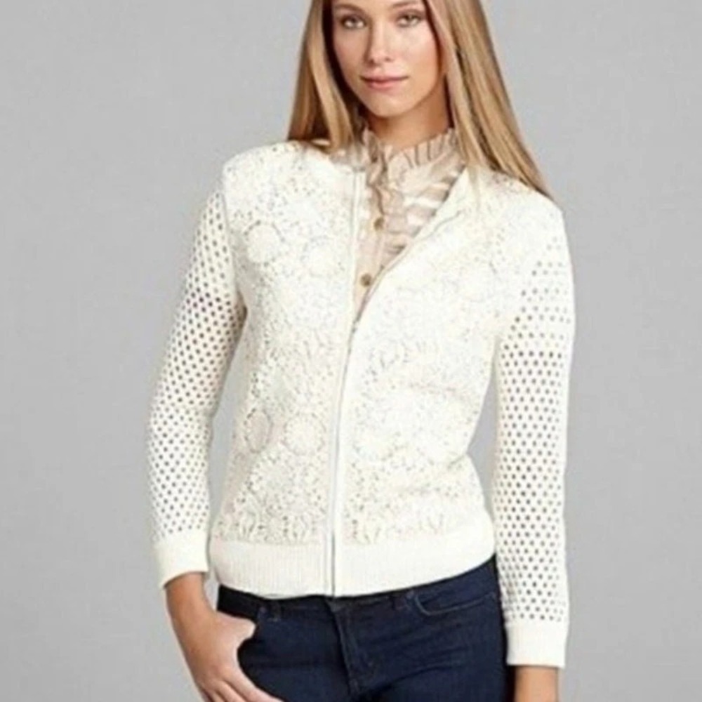 Tory Burch Ivory Zip Crochet‎ Trixie Cardigan Size S Lacey Casual Snag